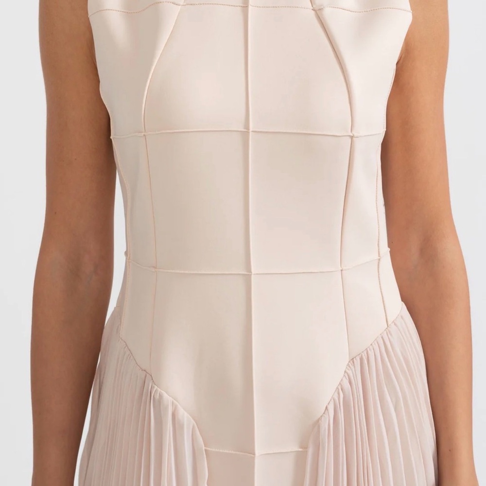Strapless Cream Panel & Pleated Midi Dress